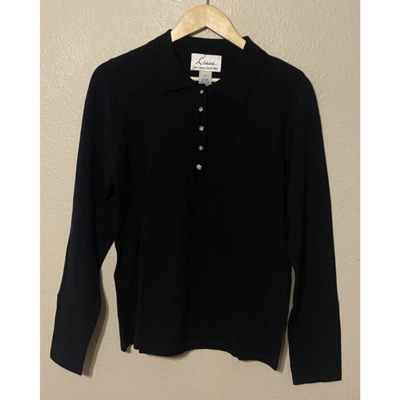 Linea by Louis Dell'Olio Stretch Silk Blend Sweater S Black Rhinestone Buttons - Picture 1 of 6